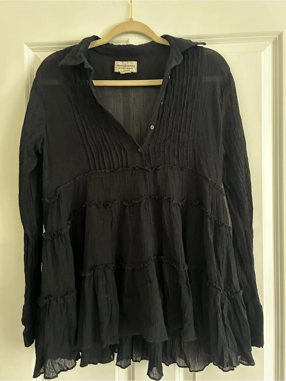Denim & Supply Ralph Lauren Black Tiered Pintuck Button-Up Tunic - Picture 2 of 5